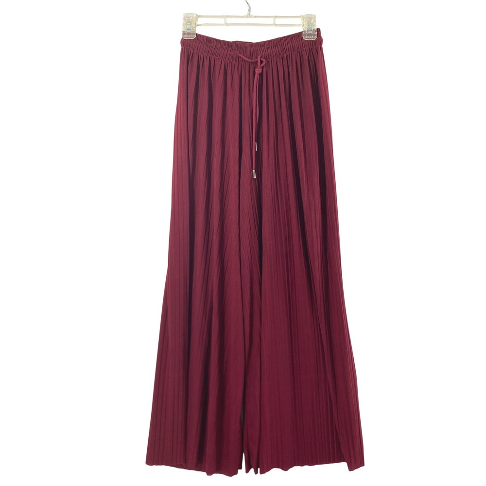 Womens Wide Leg Pants OS Burgundy Accordion Pleated Boho Palozzo Flowy‎ Raw Hem